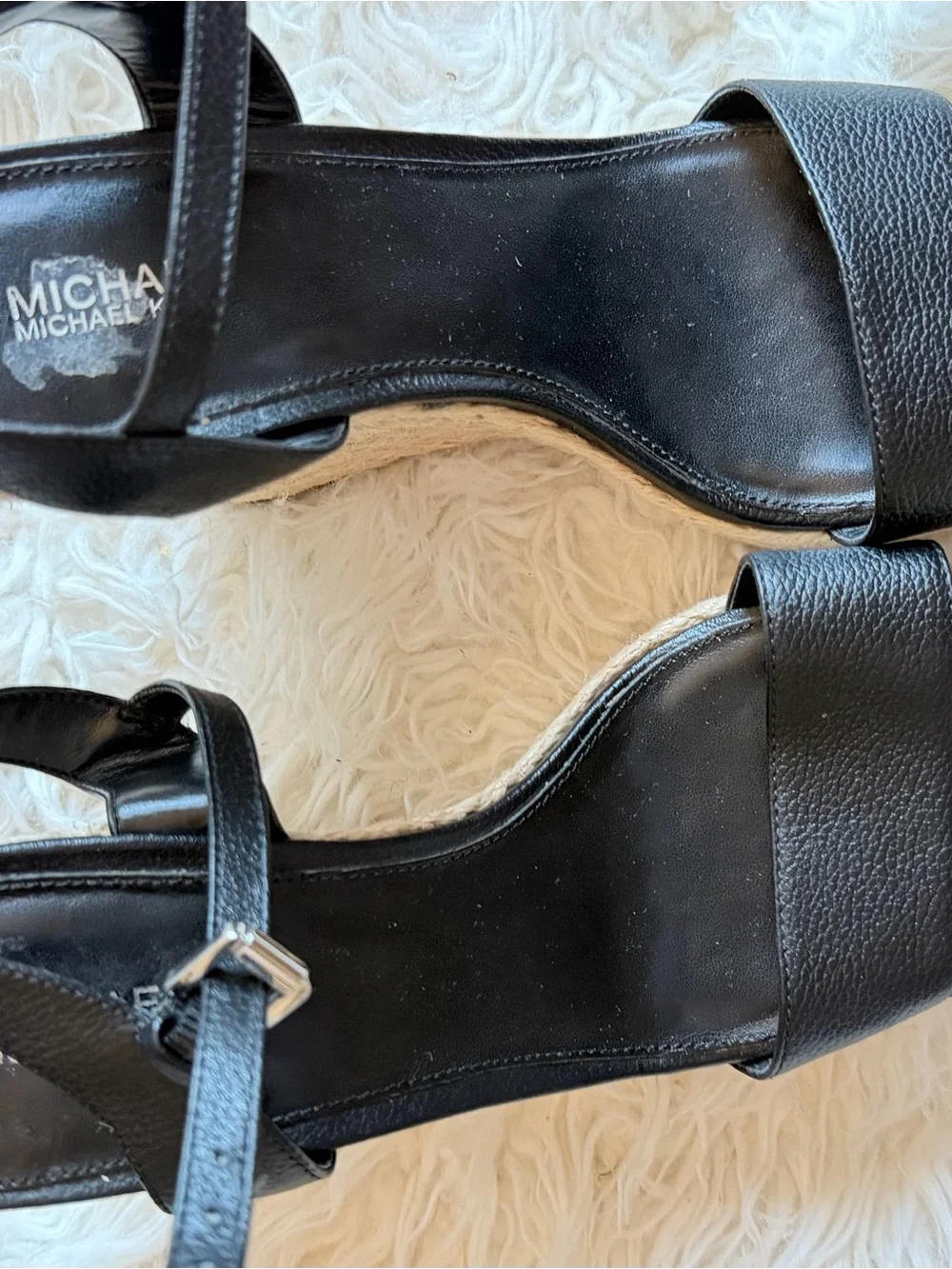 MICHAEL Michael Kors Black Leather Espadrille Wedge Sandals